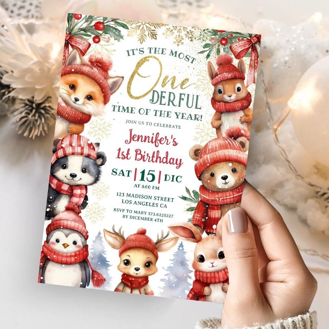 Winter Onederland Cute Winter Animals 1:a födelsed Inbjudningar (Skapare uppladdad)