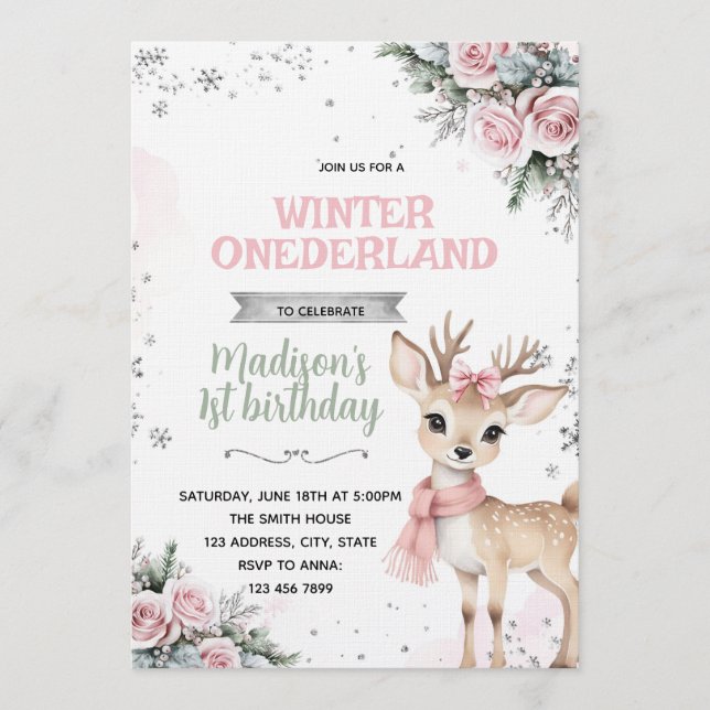 Winter Onederland deer invitation Inbjudningar (Framsida)