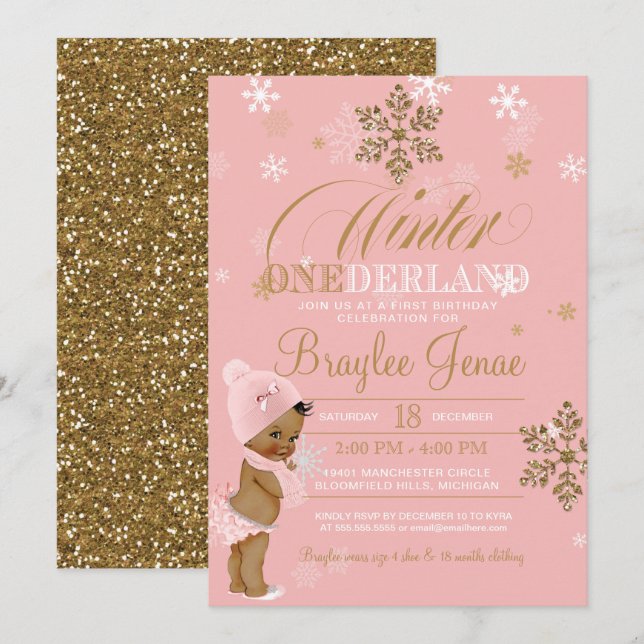 Winter Onederland First Birthday African-American Inbjudningar (Fram/baksida)