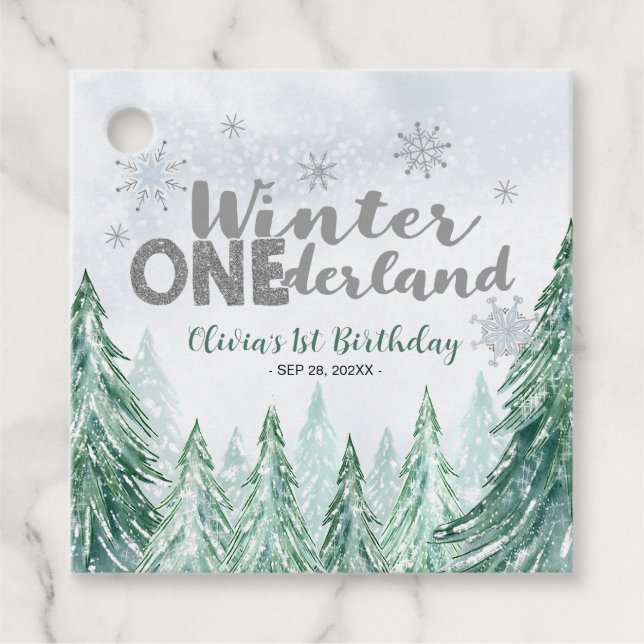 Winter Onederland First Birthday Snowflakes Forest Gåvor Etiketter (Framsida)