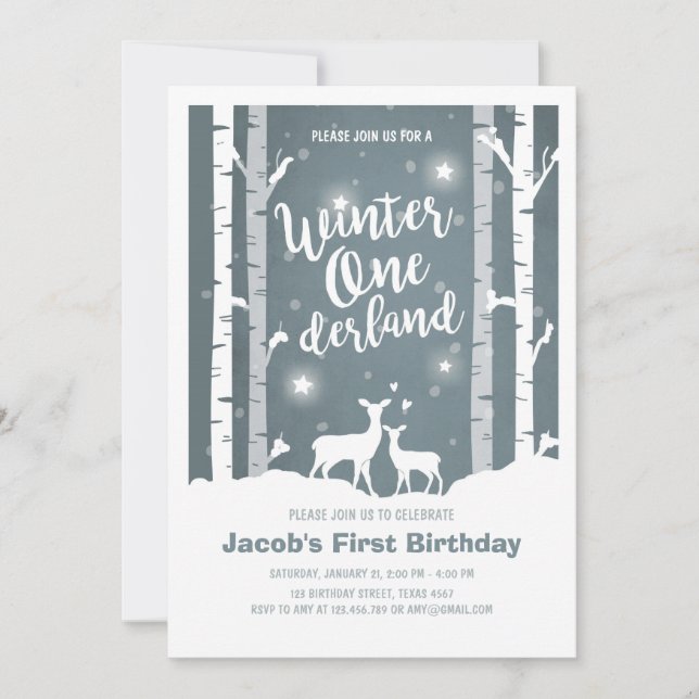 Winter Onederland-födelsedag inbjudan Hjort Birch  (Framsida)