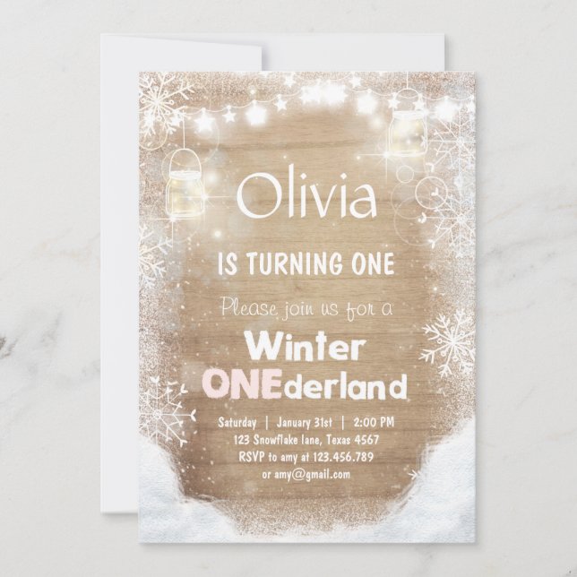 Winter Onederland-födelsedag inbjudan Snö rosa Rus (Framsida)