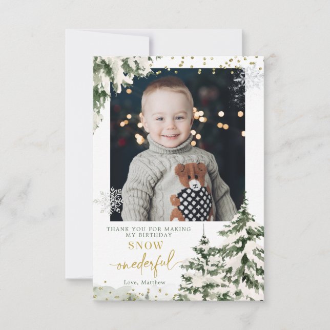 Winter Onederland Forest First Birthday med foto Tack Kort (Framsida)