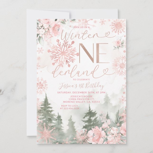 Winter Onederland Forest Pink Snowflake Birthday Inbjudningar (Framsida)