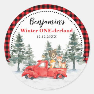 Winter ONEderland Forest Woodland Animals Birthday Runt Klistermärke