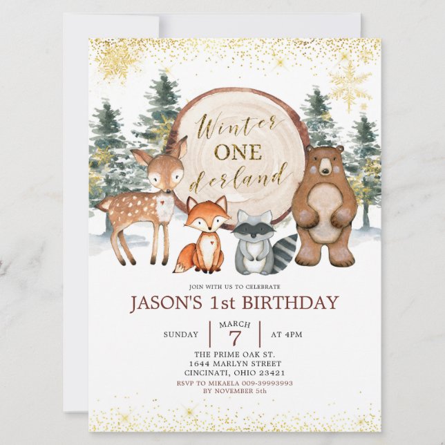 Winter Onederland Forest Woodland Birthday Inbjuda Inbjudningar (Framsida)