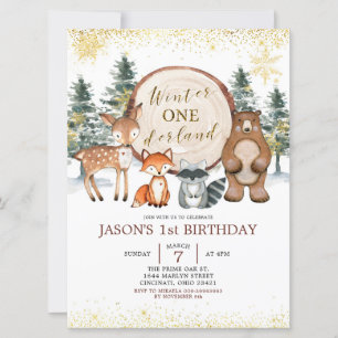 Winter Onederland Forest Woodland Birthday Inbjuda Inbjudningar