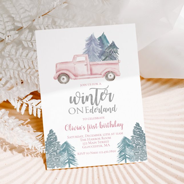 Winter Onederland Första födeldagen rosa lastbil Inbjudningar (Skapare uppladdad)