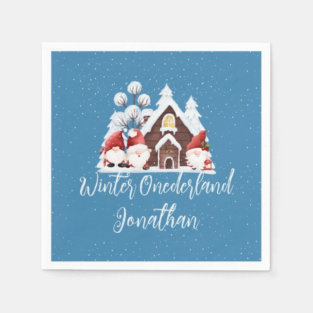Winter Onederland Första födelsedag Cute gnomes Pappersservett (Framsidan)