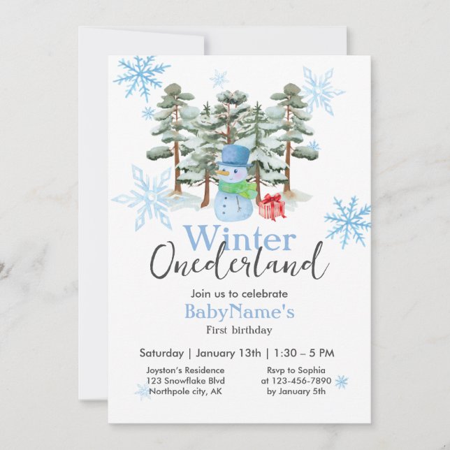 Winter Onederland Första födelsedag Cute Snögubbe  Inbjudningar (Framsida)