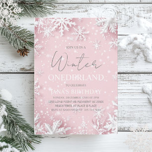 Winter ONEderland Första födelsedag Rosa Inbjudningar