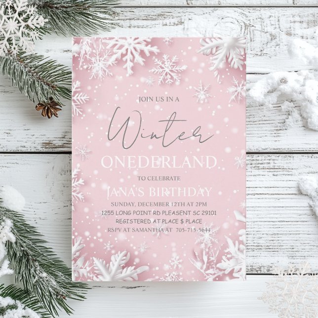 Winter ONEderland Första födelsedag Rosa Inbjudningar (Skapare uppladdad)