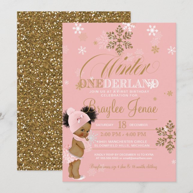 Winter Onederland, första födelsedagen Afro-Puffs  Inbjudningar (Fram/baksida)