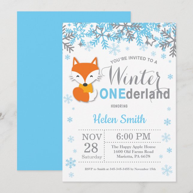 Winter Onederland Fox Boy 1st Birthday Inbjudningar (Fram/baksida)