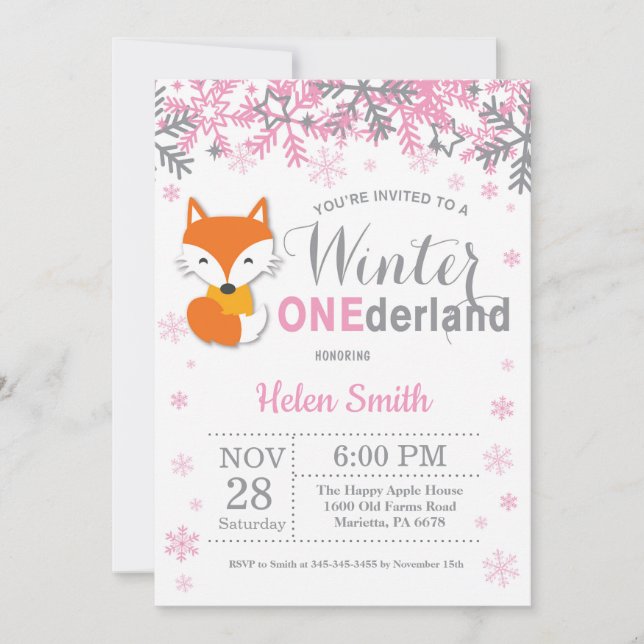 Winter Onederland Fox Girl 1st Birthday Inbjudningar (Framsida)
