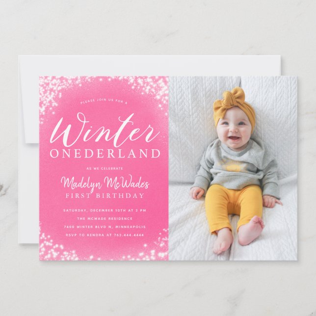 Winter Onederland Girl 1:a födelsedagen Party Phot Inbjudningar (Framsida)