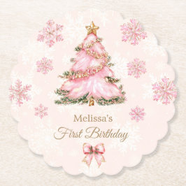 Winter Onederland Girl 1st Birthday Pink Snowflake Underlägg Papper