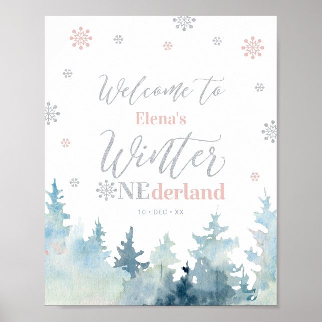 Winter onederland Girl 1st Birthday Välkomstskylt Poster (Framsidan)