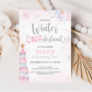 Winter Onederland Girl Birthday Rosa Silver Inbjudningar