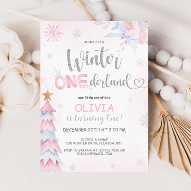 Winter Onederland Girl Birthday Rosa Silver Inbjudningar (Skapare uppladdad)