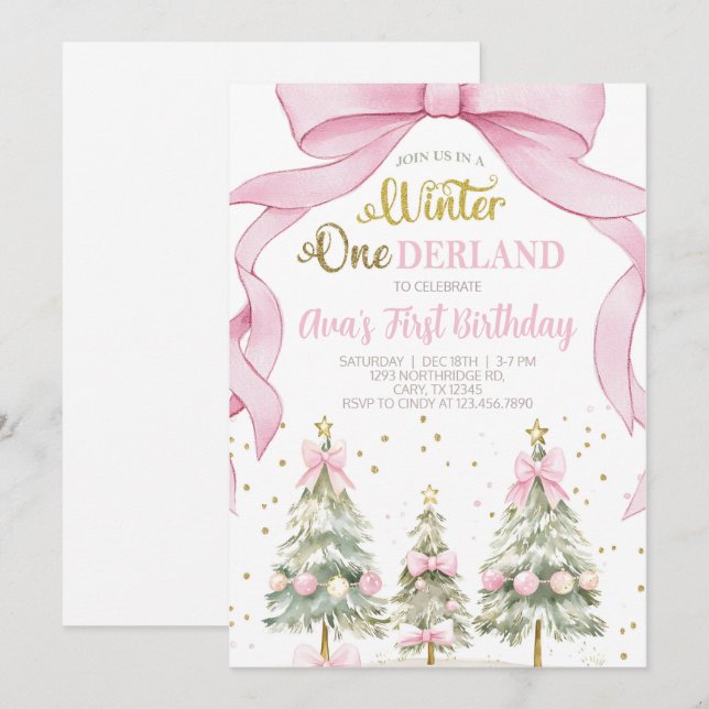 Winter ONEderland girl Christmas birthday invite. Inbjudningar (Fram/baksida)