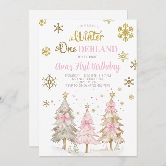 Winter ONEderland girl Christmas birthday invite. Inbjudningar (Fram/baksida)