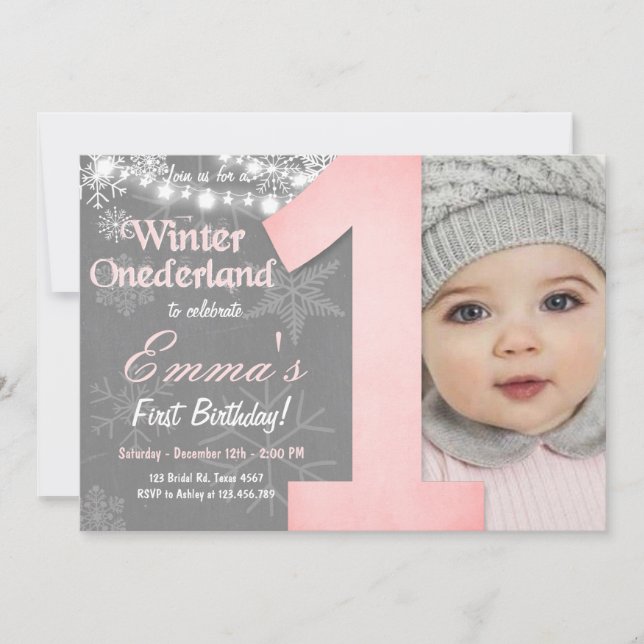 Winter Onederland Girl Grått Snowflake Birthday Inbjudningar (Framsida)