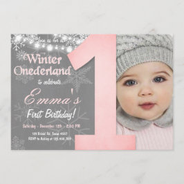 Winter Onederland Girl Grått Snowflake Birthday Inbjudningar