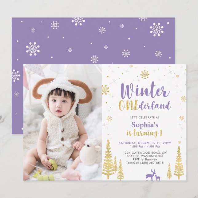 Winter Onederland, Girl Lila 1st Photo Birthday Inbjudningar (Fram/baksida)