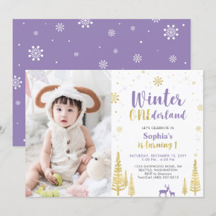 Winter Onederland, Girl Lila 1st Photo Birthday Inbjudningar