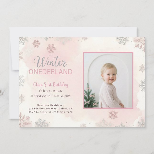 Winter Onederland Girl Photo First Birthday Inbjudningar (Framsida)