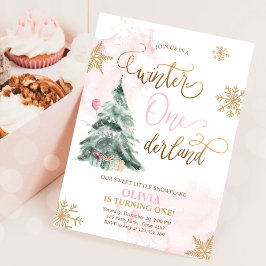 Winter Onederland Girl Rosa Guld 1:a födelsedagen Inbjudningar