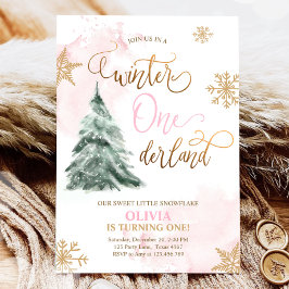Winter Onederland Girl Rosa Guld 1:a födelsedagen  Inbjudningar