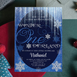 Winter ONEderland Glitter Blue 1 Birthday Inbjudningar