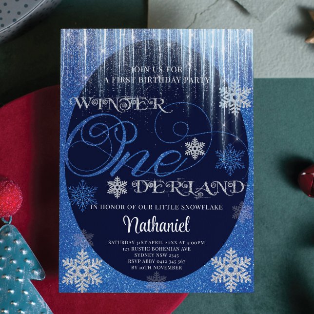 Winter ONEderland Glitter Blue 1 Birthday Inbjudningar (Skapare uppladdad)