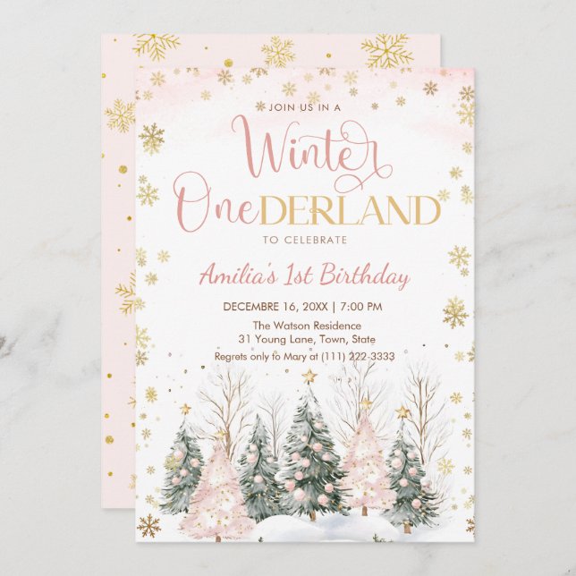 Winter Onederland Gold Snowflakes 1st Birthday Inbjudningar (Fram/baksida)