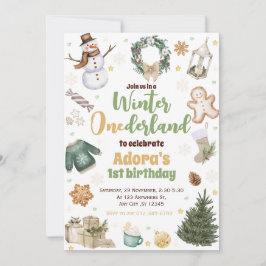 Winter ONEderland Grönt jul Birthday Inbjudan