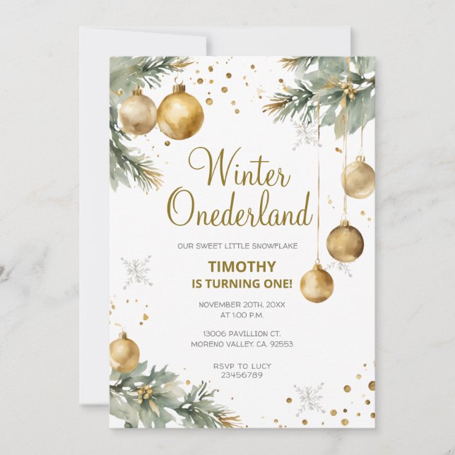 Winter Onederland Guld Baubles 1st Birthday Party Inbjudningar (Framsida)