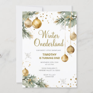 Winter Onederland Guld Baubles 1st Birthday Party Inbjudningar