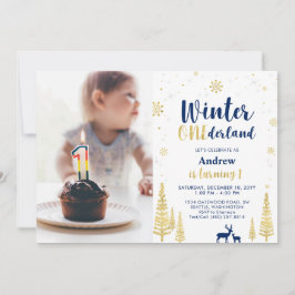 Winter Onederland, Guld & Navy Boy 1st Birthday Inbjudningar