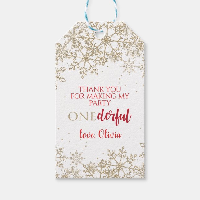 Winter ONEderland Guld Snowflake 1:a födelsedagen Presentetikett (Framsidan)