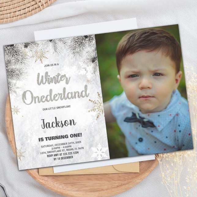 Winter ONEderland-inbjudningar Gräs Silver Photo Inbjudningar (Winter ONEderland Invitations Pine Silver Photo)