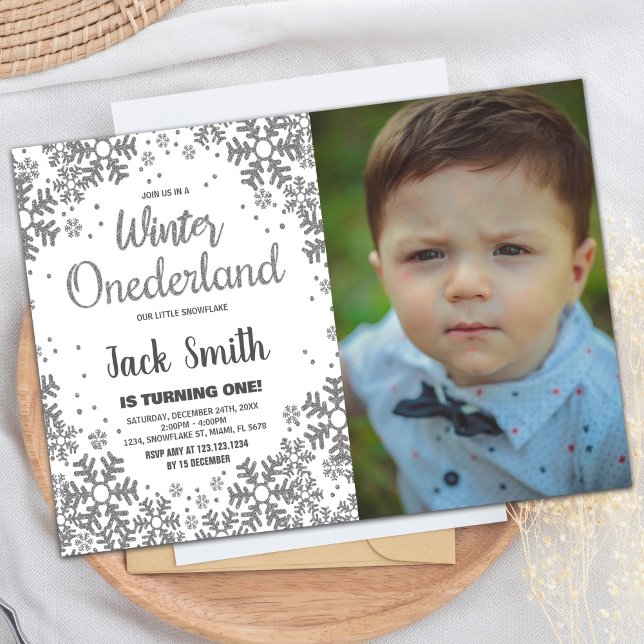 Winter ONEderland-inbjudningar Silver Glitter Phot Inbjudningar (Winter ONEderland Invitations Silver Glitter Photo)