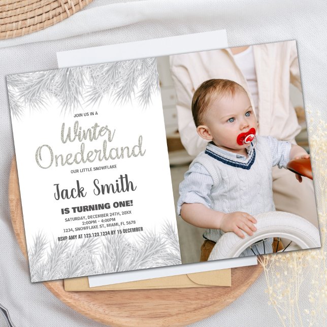 Winter ONEderland-inbjudningar Silver Gräs Photo Inbjudningar (Winter ONEderland Invitations Silver Pine Photo)
