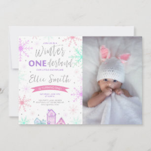 Winter Onederland Lila, Blue and Rosa Photo Inbjudningar