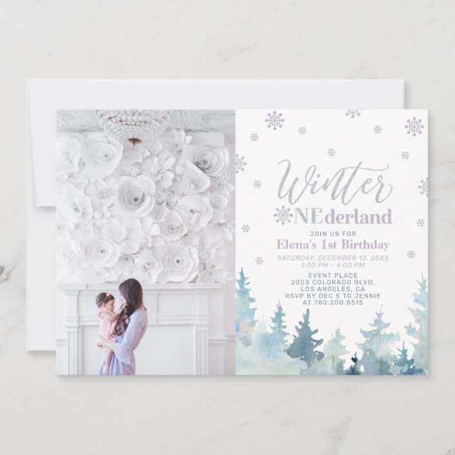 Winter Onederland Lila Girl 1:a födelsedagsfoto Inbjudningar (Framsida)