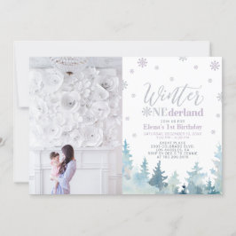 Winter Onederland Lila Girl 1:a födelsedagsfoto Inbjudningar