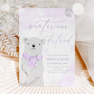 Winter Onederland Lila Polar Bear Birthday Inbjudningar