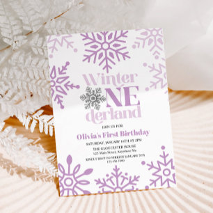 Winter Onederland Lila Snowflake 1:a födelsedagen Inbjudningar