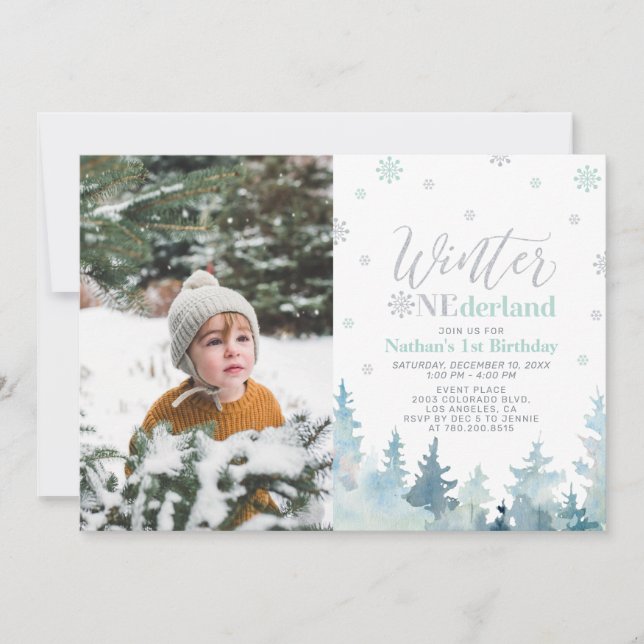 Winter Onederland Mint Boy 1:a födelsedagsfoto Inbjudningar (Framsida)